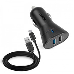 Avtopolnilec SBS Ultra Fast 2USB+Kabel, Type C, črna
