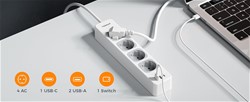 Tessan 307C namizni razdelilec, 4x vtičnica, 2x USB-A, 1x USB-C, stikalo