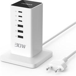 Tessan CS04-EU-WH namizna polnilna postaja z 3× USB-C in 3× USB-A – 30 W